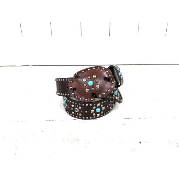 Brown silver studded faux leather western buckle belt - Picture 7 of 7